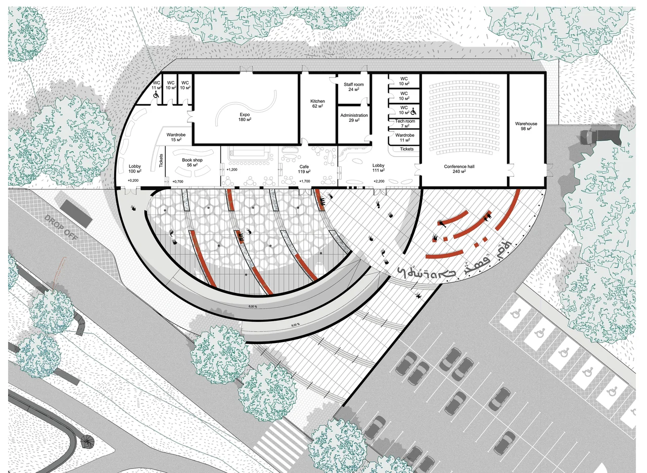 Layout of the visitor centre in Dereiçi with an amphitheatre courtyard and elements of Syriac script